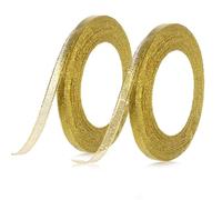 2 Roll Glossy Satin Ribbon Roll 0.24 Inch/24 Yards Gold Glitter Ribbons Sparkly Thin Solid Fabric Ribbons Glitter Metallic Gold Ribbon for Gift Wrapping Crafts Floral Bouquet Party Decoration