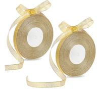 2 Roll Gold Glitter Ribbon - 100 Yards Satin Ribbon, 3/8 Inch Thin Solid Fabric, Double Faced Silk Like, For Gift Wrapping & Decoration