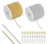 2 Roll Gold Silver Chain for Jewellery Making,10m Thin Necklace Chains, 2.4mm Width DIY Craft Bracelet Supplies, Necklace Making Kit with 60 Lobster Clasps and 120 Jump Rings, for DIY Crafts