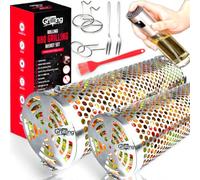 2 Rolling BBQ Grilling Basket - 360 Degree Rolling Grill Baskets For Outdoor Grill with 2 Turning Black Forks, Including 2 Handling Hooks, Premium Spray Bottle - Portable Grill Baskets for Fish,