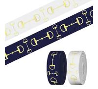 2 Rolls 10 Yards Equestrian Ribbons, 7/8" Gold Foil Snaffle Bits Horse Equestrian Show Grosgrain Ribbons Navy White Fabric Ribbon for Gift Wrapping Horse Bow Ties Decorations