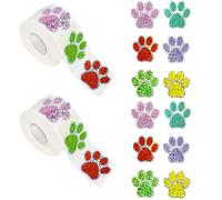 2 Rolls 1000 Pcs 1 inch Colorful Paw Print Stickers Glitter Self-Adhesive Puppy Stickers for Decorating Envelopes, Students' belongings and Kennels