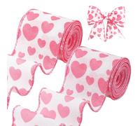 2 Rolls 12 Yards Valentine's Day Ribbon, Gift Wrapping Ribbon Love Heart Ribbon Burlap Wired Ribbon Wired Decorating Ribbon for Craft Present Wrapping (Pink and White)