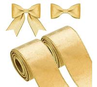 2 Rolls 2.5 Inch 10 Yards Christmas Velvet Ribbon - Single Face Plain Velvet Ribbon for Gift Wrapping, Crafts, Wreath, Tree Decor (Gold)