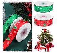 2 Rolls 20 Yards Christmas Ribbon Red Green 20mm Width Polyester Christmas Tree Printed Ribbon for Present Wrapping Christmas Tree Decoration Wedding Bows DIY