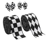 2 Rolls 4.2 Yards Black White Checkered Ribbon 2Inch Wide Diamond-Pattern Burlap Wired Ribbon for Gift Wrapping DIY Hair Bows Wreath Decor Christmas Tree Decoration (2 Styles)