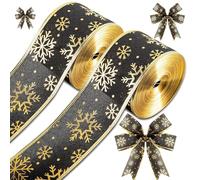 2 Rolls 40 Yards Christmas Snowflake Ribbon 2.5 Inch Christmas Black and Gold Wired Ribbon Xmas Glitter Ribbons Craft Gift Wrapping Ribbon for Christmas Tree Holiday Party Decoration Supplies