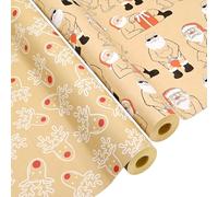 2 Rolls 43cm*12m Xmas Kraft Wrapping Paper Roll,QRTDXP Eco Wrapping Paper with Deer and The Santa Claus Perfect for Xmas Present Packing