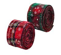 2 Rolls 5yd Plaid Burlap Wired Ribbon Christmas Wrapping Ribbon Classic Wired Edge Tartan Ribbon Red Green Snowflake Fabric Ribbons for Floral Bow Crafts Party Wreath Decoration Gift Wrapping 5cm