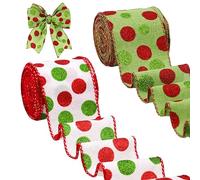 2 Rolls Christmas Green Red Dot Ribbons, Glitter Polka Dot Wired Ribbon for DIY Craft Bows, Xmas Decoration (2.5 Inch x 10 Yard)