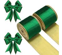 2 Rolls Christmas Velvet Wired Edge Trim Wrapping Craft Fabric Ribbon for Xmas Bow Making, Floral Arrangement Decoration (Green, 2.5 Inch x 6 Yards)