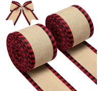 2 Rolls Christmas Wrapping Ribbon Buffalo Plaid Burlap Fabric with Wired Edges for Holiday Crafting, Tree Decorating, and Bow Making with Construction (Red)