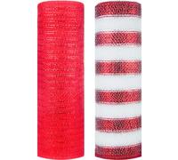 2 Rolls Decor Mesh Poly Ribbons 10 Inch x 30 Feet Each Roll Metallic Foil Mesh Ribbon Christmas Tree Decorative Mesh Red and White Rolls for Xmas Wreaths,Swags and Home Decorating