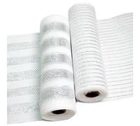 2 Rolls Decor Mesh Poly Ribbons 10 Inch x 30 Feet Each Roll Metallic Foil Mesh Ribbon Christmas Tree Decorative Mesh Silver and White Rolls for Xmas Wreaths,Swags and Home Decorating