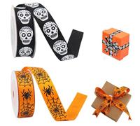 2 Rolls Halloween Ribbon for Gifts Wrapping Crafts, 5 Yard 16mm Wide Orange Black Spider Web Skull Ribbon Halloween Day of The Dead Cake Wreath Home Garland Tree Decorations Accessories