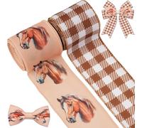 2 Rolls Horse Wired Ribbon, 2.5 Inch x 5 Yards Each, Brown Equestrian Burlap Buffalo Check Ribbons, for Western Country Decor, Ranch Wedding, Farm House Decoration, Horse Themed Events