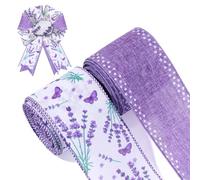 2 Rolls Lavender Wired Edge Ribbon 2.5 Inch Purple Floral Butterfly Printed Ribbon Spring Summer Fabric Ribbon for Gift Wrapping Wreath Bow Making Wedding Bridal Shower Farmhouse Party Decor