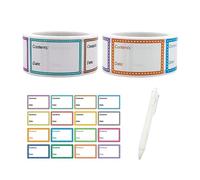2 Rolls of 1000 Pcs Food Label Stickers with 1 Writing Pen, Freezer Labels, Self-Adhesive Label Stickers, Easy Tear Off Date Labels for Storage Boxes, Jars
