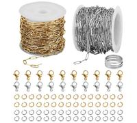 2 Rolls Paperclip Chains for Permanent Jewelry Making, 32.8ft Silver and Gold Stainless Steel Chain with Lobster Clasp, Open Jump Ring & Opener Tool Kit for Jewellery Charm DIY Bracelet Necklace Craft