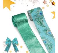 2 Rolls Peacock Fabric Ribbons, Glitter Peacock Wired Ribbons, Winter Peacock Glitter Peacock Decor Ribbons for Christmas Birthday Party Decoration Gift Wrapping Home Party Crafts Decoration Supplies