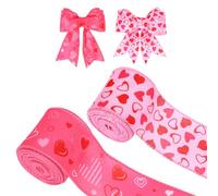 2 Rolls Valentines Day Ribbon, 10 Yards 2.5 Inch Sweet Love Print Wired Ribbons Heart Ribbon for Crafts DIY Wrapping Bow Wedding Anniversary Birthday Party Decorations