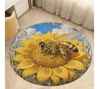 2' Round Area Rug for Bedroom Water Absorbent Coral Velvet Low Pile Floor Carpet Thin Non-Slip Backing Bee Sunflower Disc Throw Rug Washable Bathroom Mat for Tub Shower Toilet
