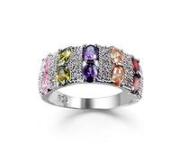 2 Row Cubic Zirconia Simulated Diamond Vintage Ring Charming 925 Silver Black White Red Sky Blue Sea Blue Rainbow Emerald Green Oval Gemstone Ring Wedding Jewelry, 9#, Silver, The products are part of