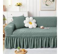 2-Seater Elastic Sofa Cover with Armrests - Stretchy Solid Color, Ruffle Skirt, Cat & Dog Resint, Ideal Sofa Protector for Pets (Green)