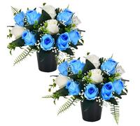 2 Set Artificial Flowers for Graves in Pot with 12-Head Blue White Roses Flake Plastics Silk Funeral Memorial Cemetery Artificial Grave Flowers Outdoor Graveside Ornaments for Granddad Mum Dad Friend