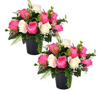 2 Set Artificial Flowers for Graves in Pot with 12-Head Pink White Roses Flake Plastics Silk Funeral Memorial Cemetery Artificial Grave Flowers Outdoor Graveside Ornaments for Granddad Mum Dad Friend