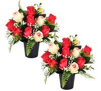 2 Set Artificial Flowers for Graves in Pot with 12-Head Red & Gold Roses Flake Plastics Silk Funeral Memorial Cemetery Artificial Grave Flowers Outdoor Graveside Ornaments for Granddad Mum Dad Friend