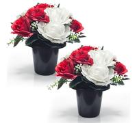 2 Set Artificial Flowers for Graves in Pot with 12-Head White Red Roses Flake Plastics Silk Funeral Memorial Cemetery Christmas Grave Flowers Outdoor Graveside Ornaments for Granddad Mum Dad Friend