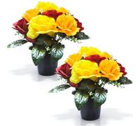2 Set Artificial Flowers for Graves in Pot with 12-Head Yellow Red Roses Flake Plastics Silk Funeral Memorial Cemetery Christmas Grave Flowers Outdoor Graveside Ornaments for Granddad Mum Dad Friend
