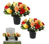 2 Set Artificial Flowers for Graves Pots, Red Yellow Orange Roses Flowers for Graves, 12 Head Grave Flower Pots Spring Silk Cemetery Ornaments for Decoration, Christmas Tribute and Commemoration