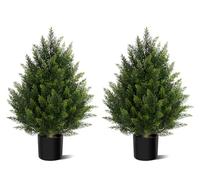 2 Set Artificial Topiary Cedar Trees 60cm, Indoor Outdoor Faux Potted Boxwood Evergreen Plants, Fake Bushes Shrub Pine Tree for Home Garden Front Porch Decor