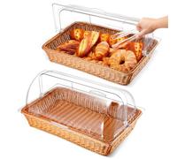 2 Set Bread Baskets for Serving with Clear Acrylic Roll Top Lid Kitchen Serving Tong Woven Wicker Bread Basket Large for World Baking Day Baby Shower Party Fruit Sourdough Display(21.06 x 12.6 Inch)