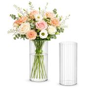 2 Set Clear Glass Cylinder Vase for Flowers, Ribbed Flower Vases for Bouquet(20cm×8.5cm), Modern Ribbed Vases for Living Room, Dining Room, Coffe Table, Office, Wedding