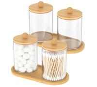 2 Set Cotton Bud Holder Clear Plastic Cotton Ball Swab Dispenser Cottons Pad Holder Bathroom Jars with Bamboo Wood Lid and Tray Versatile Paper Clip Dispenser for Home Office Bathroom Vanity(Set 2)