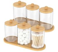 2 Set Cotton Bud Holder Clear Plastic Cotton Ball Swab Dispenser Cottons Pad Holder Bathroom Jars with Bamboo Wood Lid and Tray Versatile Paper Clip Dispenser for Home Office Bathroom Vanity(Set 1)