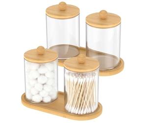 2 Set Cotton Bud Holder Clear Plastic Cotton Ball Swab Dispenser Cottons Pad Holder Bathroom Jars with Bamboo Wood Lid and Tray Versatile Paper Clip Dispenser for Home Office Bathroom Vanity(Set 2)