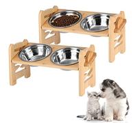 2 Set Elevated Dog Cat Bowls, 15 Tilted Raised Pet Bowl for Puppy and Cats Adjustable Dog Food Feeding Dishes Wood Stand Pet Feeder with Stainless Steel and Non Slip Feet