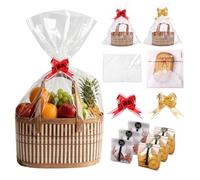 2 Set Empty Hamper Baskets, Woven Gift Basket Kit Sturdy Hamper Baskets with Handles Gift Bags and 2 Ribbons, 150PCS Candy Cookie Food Bags Gift Basket for Christmas Wedding Gift Baby Shower Birthday