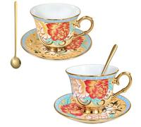 2 Set Gold Rimmed Floral Coffee Cup and Saucer Set with Spoon - 200ml Vintage English Ceramic Tea Cup, Rose Pattern Gold Cappuccino Latte Mocha Mug,Floral Tea Cups,Classic English Afternoon Tea Mug