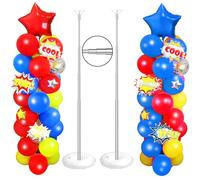 2 Set Hero Themed Balloon Decorations, Adjustable Red Yellow Blue Balloon Column Stand Kit with 6 Pcs Jumbo Symbol Cards for Superhero Theme＆ Birthday Baby Shower Party Door Supplies