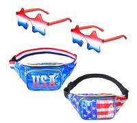 2 Set Holographic USA Flag Fanny Packs & Star Sunglasses, 4th of July Patriotic Belt Waist Bag, American Independence Day Accessories Men Women