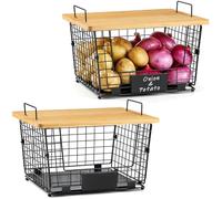 2 Set Kitchen Counter Basket with Bamboo Top - Pantry Cabinet Organization and Storage Wire Basket - Countertop Organizer for Produce, Fruit, Vegetable (Onion, Potato), Bread, K-Cup Coffee Pods