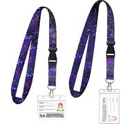 2 Set Lanyard with Card Holder, Neck Strap Flowers Lanyard and Waterproof Transparent Badge Holder for ID Card, Office School Supplies (Galaxy)