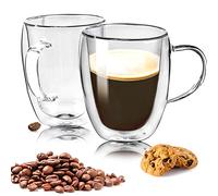 2 Set of 350 ml Double Wall Glass Coffee Mug With 2 Coasters, Insulated Glasses With Handle, Heat Resistant Thermal Coffee Cups