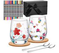 2 Set Paint Your Own Glass Mug Kit for Adults Graduation Class of 2025 Teacher Appreciation Gifts DIY Paintable Kit Include 2 Wine Glass 2 Spoon 12 Pen 2 Coaster Gift Box Birthday Wedding Gift(420ml)