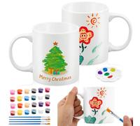 2 Set Pottery Painting Your Own Mug Kit Gifts for Christmas, 2 Blank Ceramic Sublimation Cups 12 Color Pigment Brushes for Adults Beginners Home DIY Birthday Anniversary Couples Night(Classic Style)